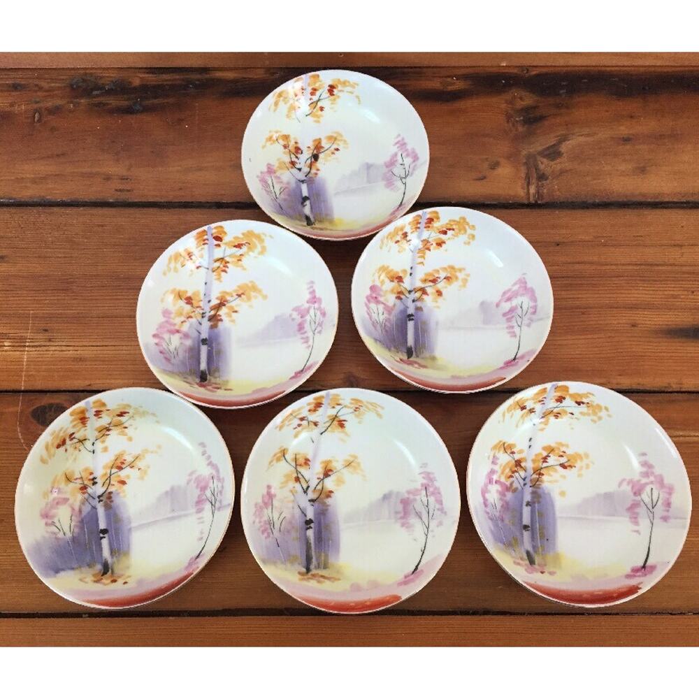 Set 6 Vtg Japan Hand Painted Nippon Birch Tree Lake Porcelain Dessert Bowls 5"